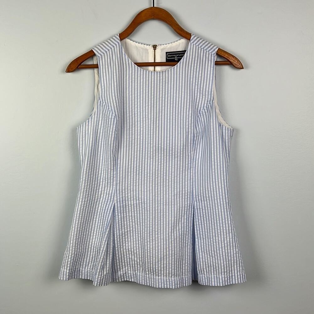 Duffield Lane women’s peplum blue & white vertical striped gold zipper top